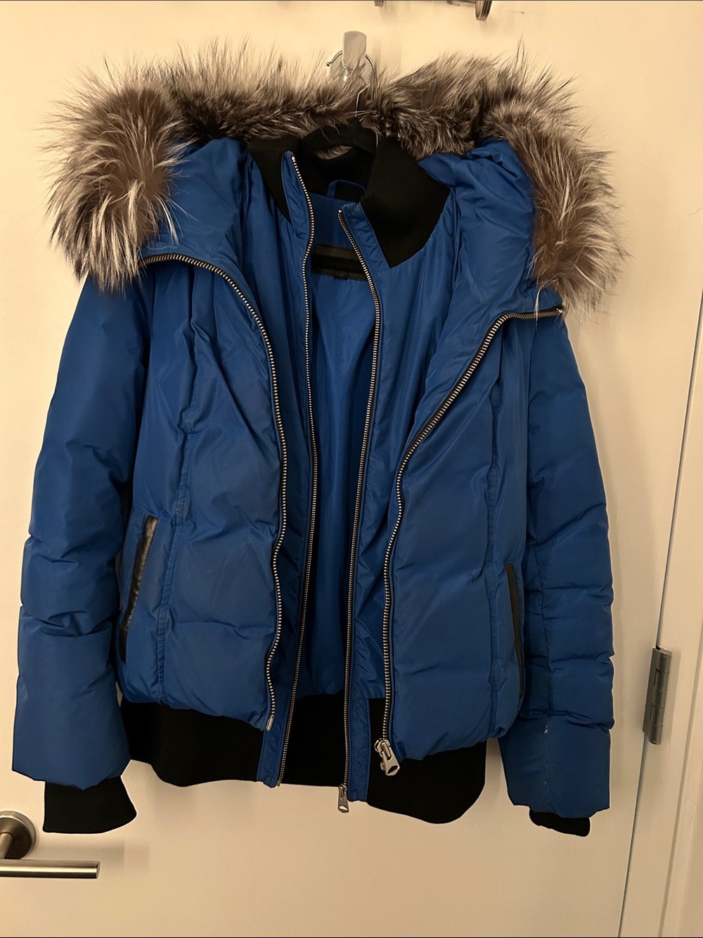 Mackage Blue Puffer Jacket with Faux Fur Trim